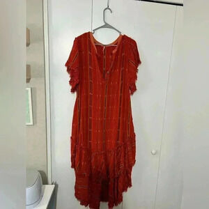 Free people women’s orange, red short sleeve BoHo maxi dress